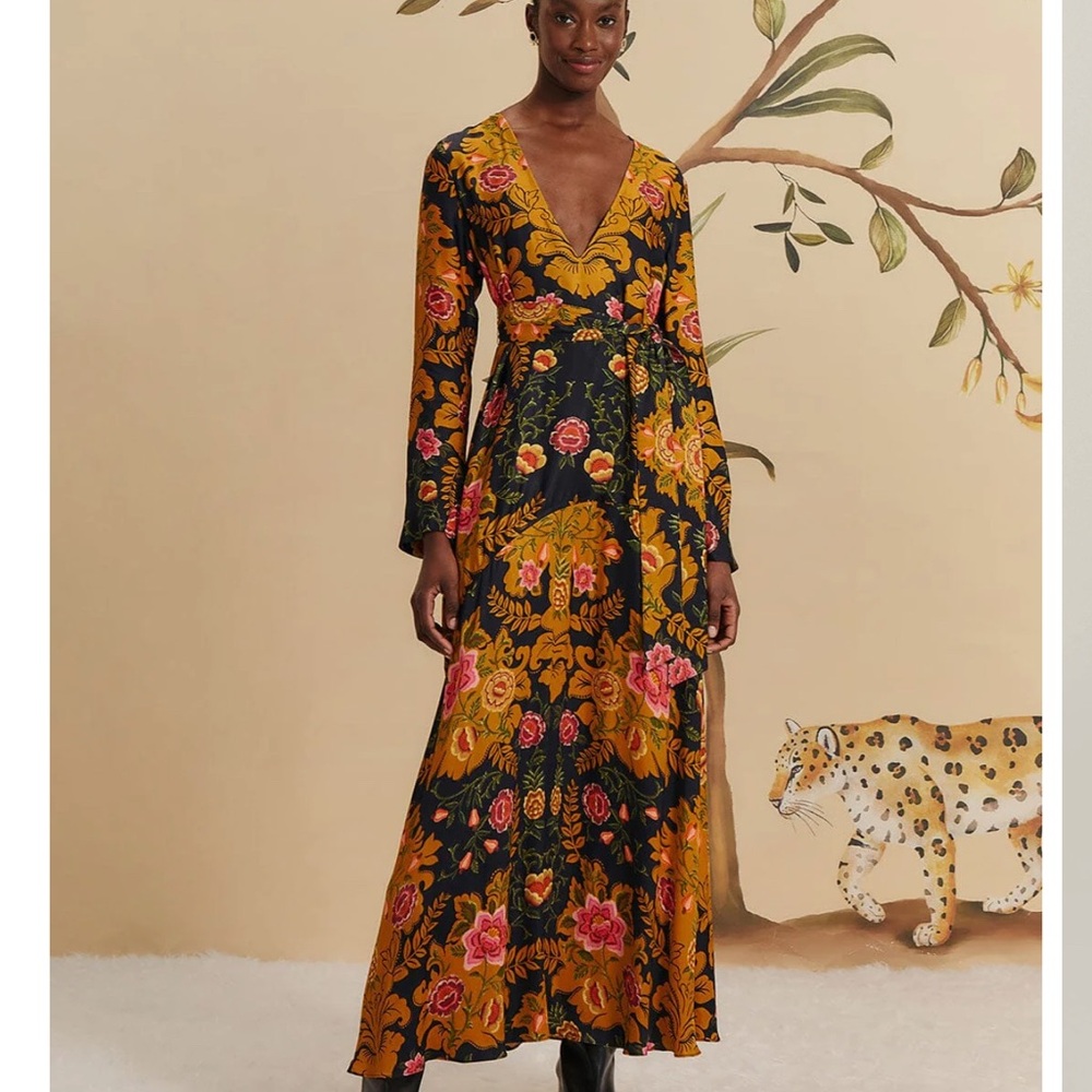 FARM Rio Gold V-Neck Maxi Gown - Medium Size